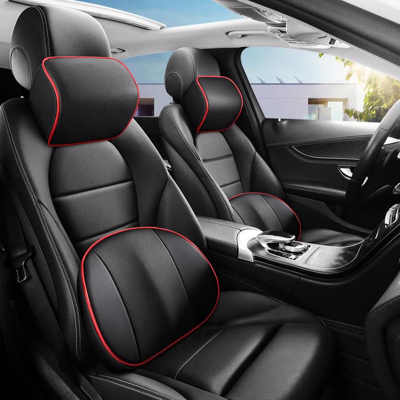 PU Leather Car Neck Pillow Memory Foam Auto Rear Seat Back Headrest Lumbar Supports Travel Cushion Cover Auto Accessories