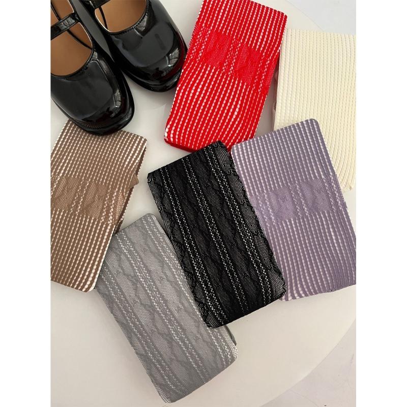 Women Aesthetic Sexy Hollowed Fishnet Lace Pantyhose Asymmetrical Spliced Striped Patterned See Through Tights Stockings