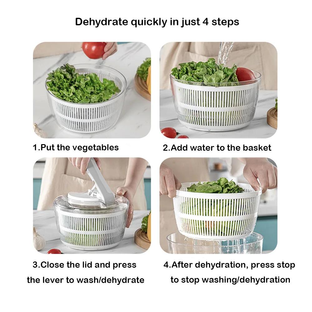 3L One-Handed Easy Press Salad Spinner Bowl with Lid Multifunctional Washer Dryer Drainer Kitchen Tool