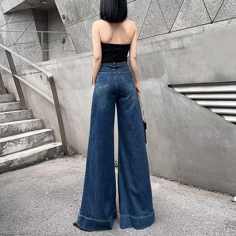 Spring 2025 Women's Blue High-Waisted Wide-Leg Jeans, Loose Slimming Fit, Flared & Floor-Length