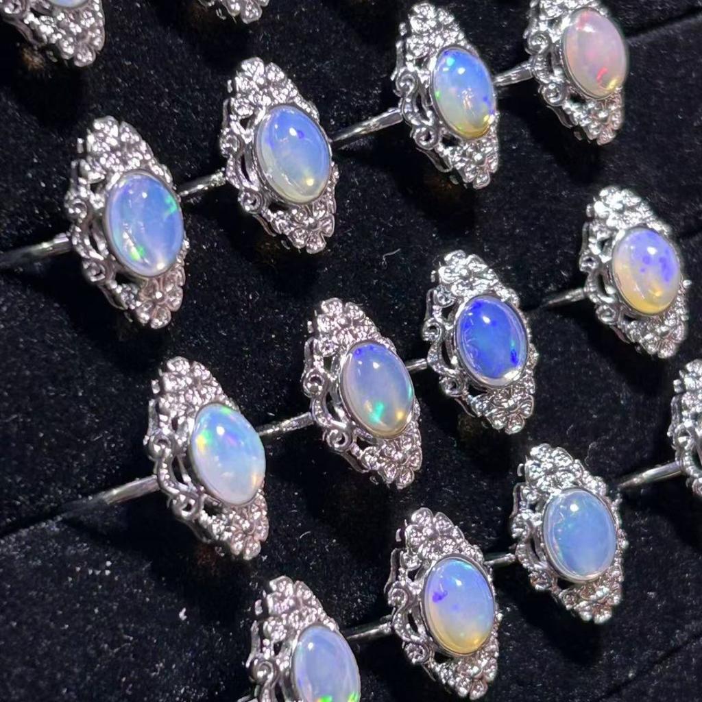 Rainbow Natural Opal Hand-Inlaid Adjustable Embossed Picture Frame Natural Opal Ring