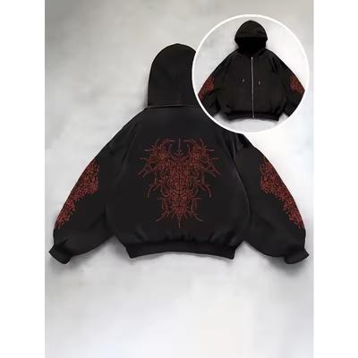 Retro Rotes Dornen-Totem Vollprint Retro Herbst/Winter Neue Modische Straße Stil Unisex Reißverschlussjacke