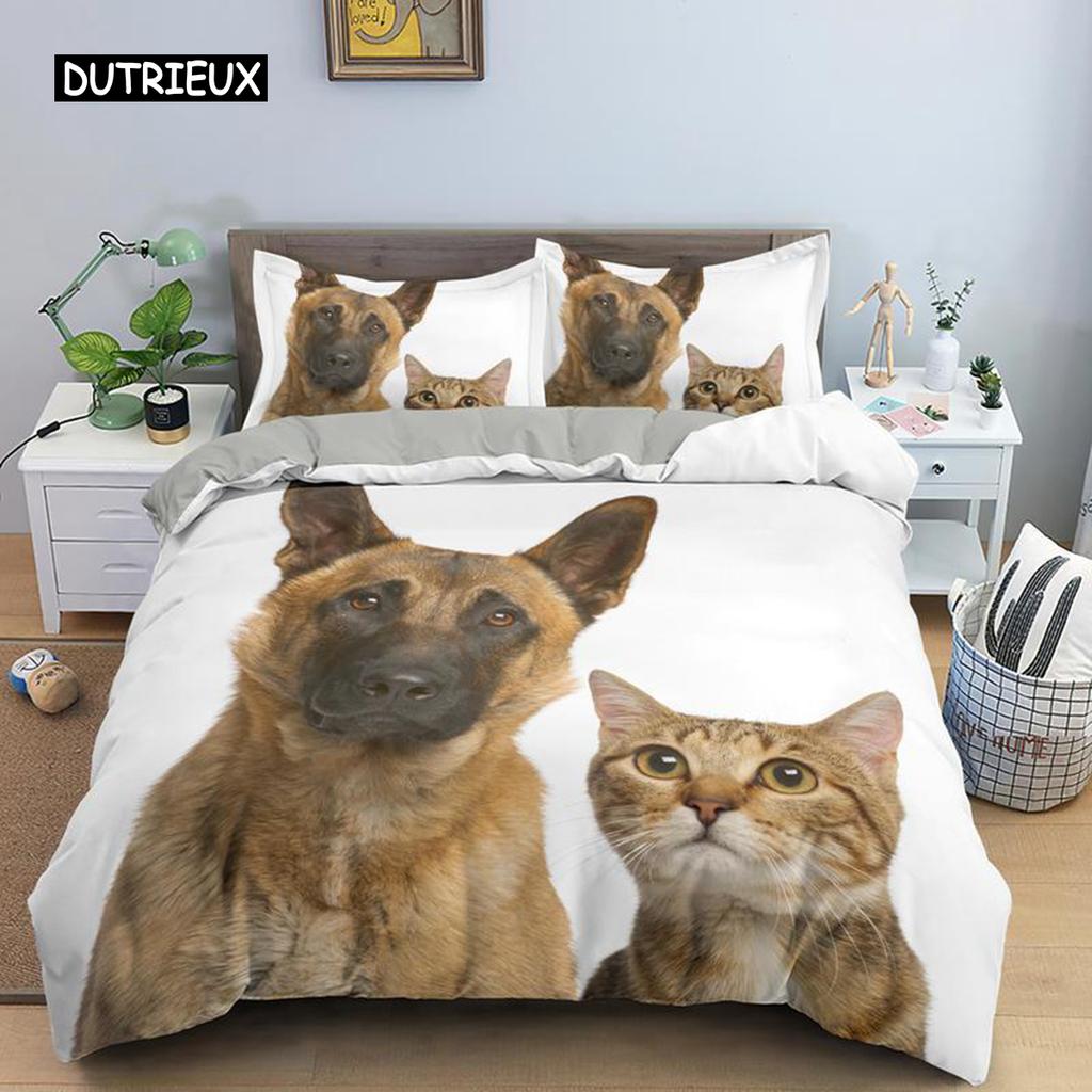 Dog and Cat Bedspread Cover Kit Queen Size Size Animal Theme Twin Size Sleep Bedding Kit for Kids Boys Girls Cozy Microfiber Fabric 3D Design Puppy
