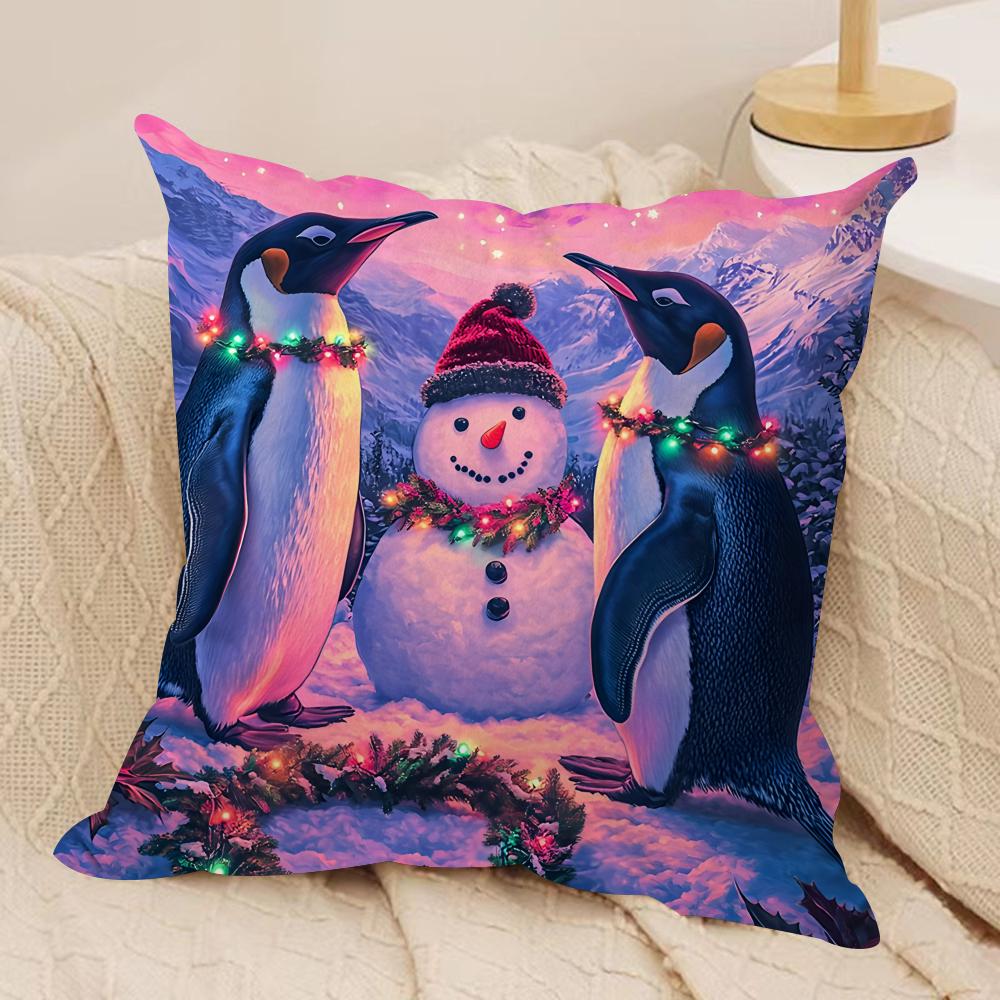 Cute Colorful Penguin Cushion Cover Silky Short Plush Invisible Zipper Dustproof Sofa Pillow Case For Home Decor