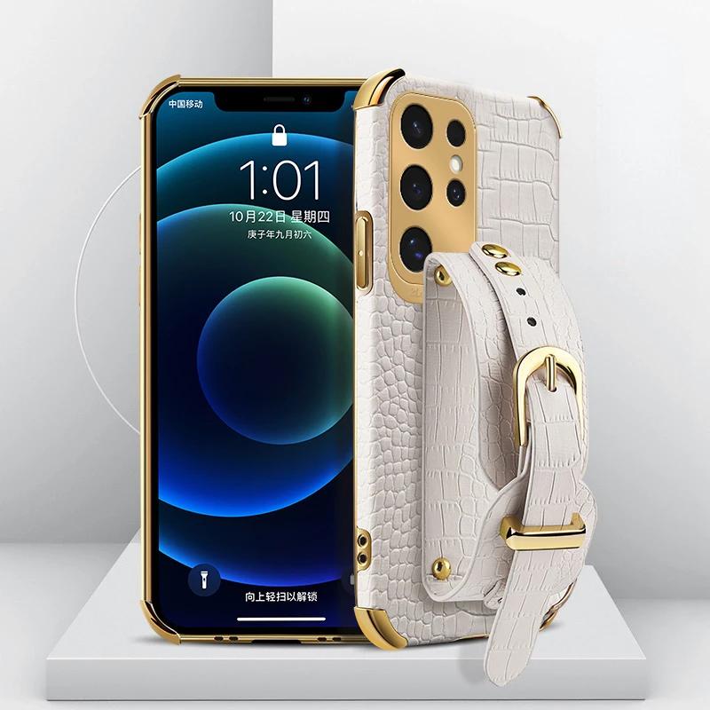

Crocodile Pattern Phone Case For Samsung Galaxy S25edge S24 FE S23 S22 S21 Ultra Plus FE Note 20 9 8 Back Cover With Wrist Strap S25 FE білий