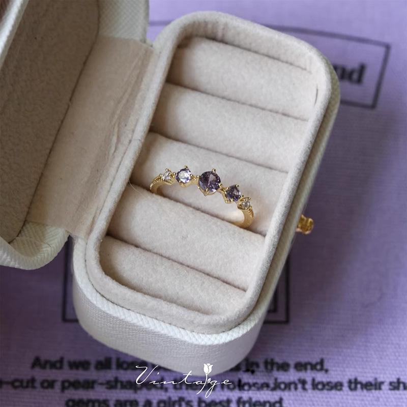 French Chic Luxury Olive Green  Purple Zircon Versatile Women s Ring Set Adjustable Open Size