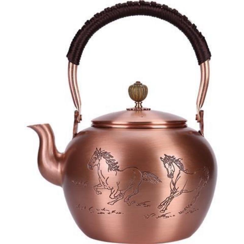 Handcrafted Pure Copper Coffee Pot,Engraving Retro Welcoming Pine Teaware 1300 ml Filter Weave Heat Handheld Kettle,Teapot