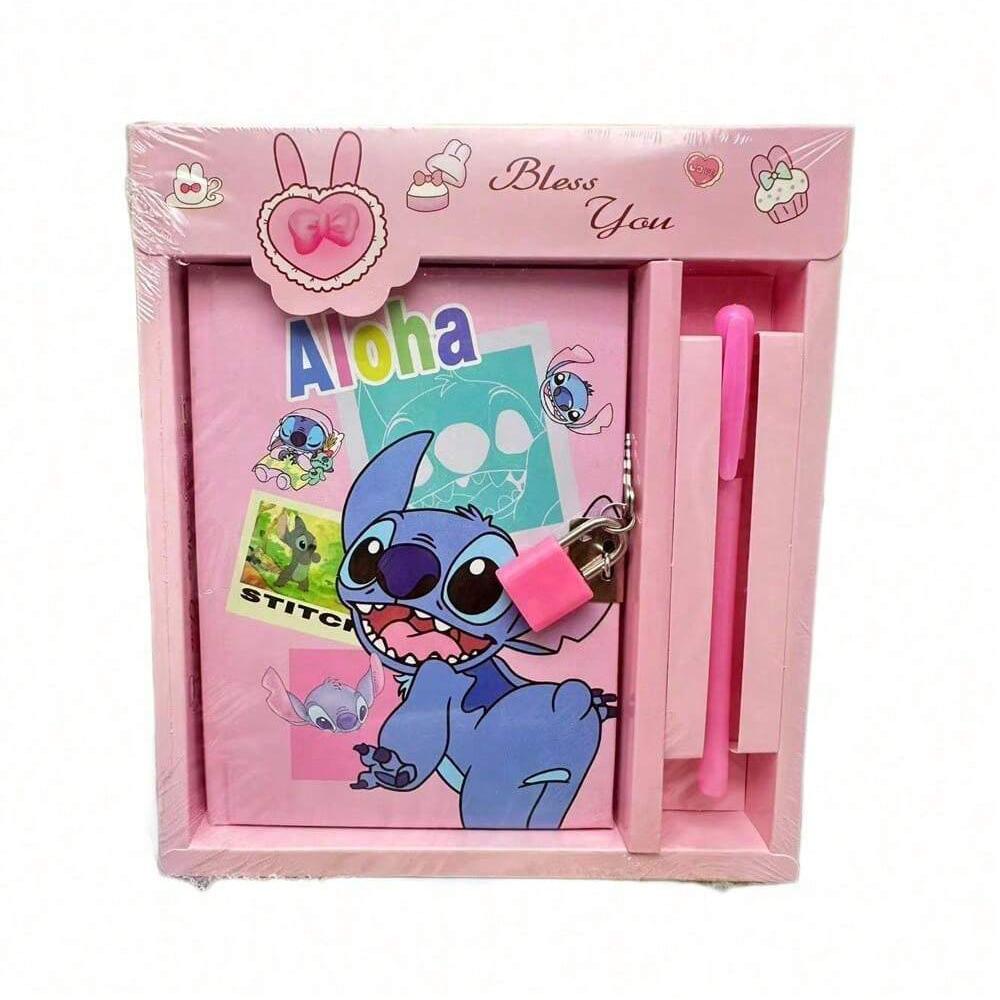 MINISO Cartoon Characters Set with Lock Cute Anime Lilo& Stitch Notebook Combination Hollow Out Hard Box Lock Book Gifts
