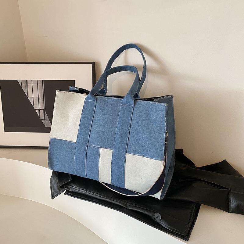 Large capacity bag women's new commuter canvas denim tote bag splicing shoulder oblique span bag