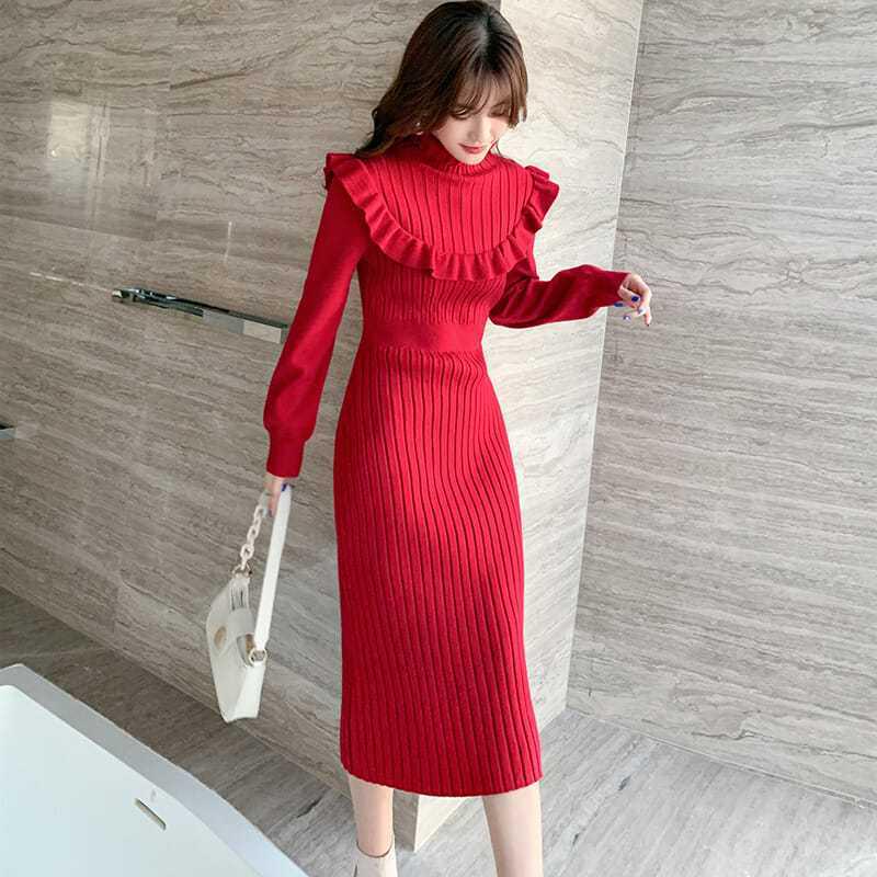

Women s Autumn/Winter Light Luxury Socialite Wool Skirt: Elegant Knitted Mid-Length Dress with Distinctive Design. S (85-95) красный