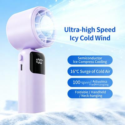 16°C Icy Cold Portable Handheld Fan Foldable Neck Hanging Fan 100 Speeds Rechargeable Mini Fan with Digital Display