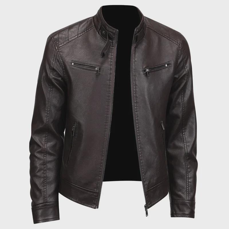 Men's Trendy PU Leather Motorcycle Jacket with Stand Collar - American & British Style