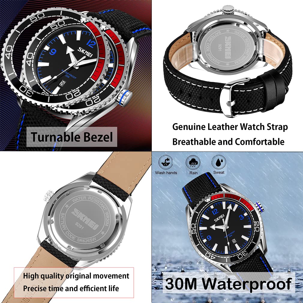 SKMEI Men's Sports Watch, Black, Leather Strap, Waterproof, Large, Casual, Business, Big Face, Analog, Fluorescent, Luxury, Gift, Black/Blue