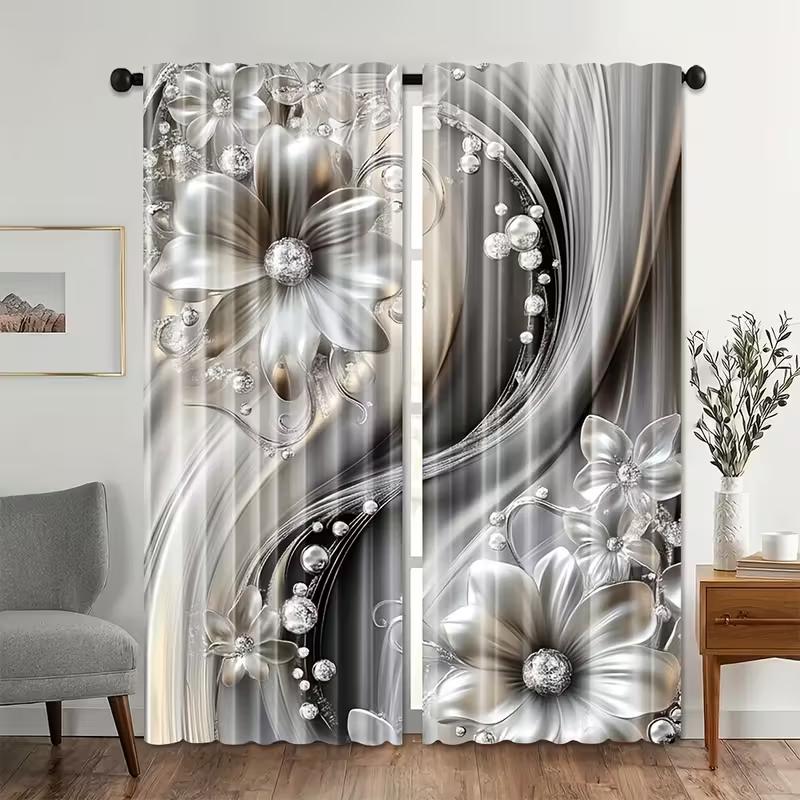 2 Stück Glas-Vorhänge mit Silberdruck, Stangentaschen-Design, Sichtschutz, geeignet zur Dekoration verschiedener Szenen