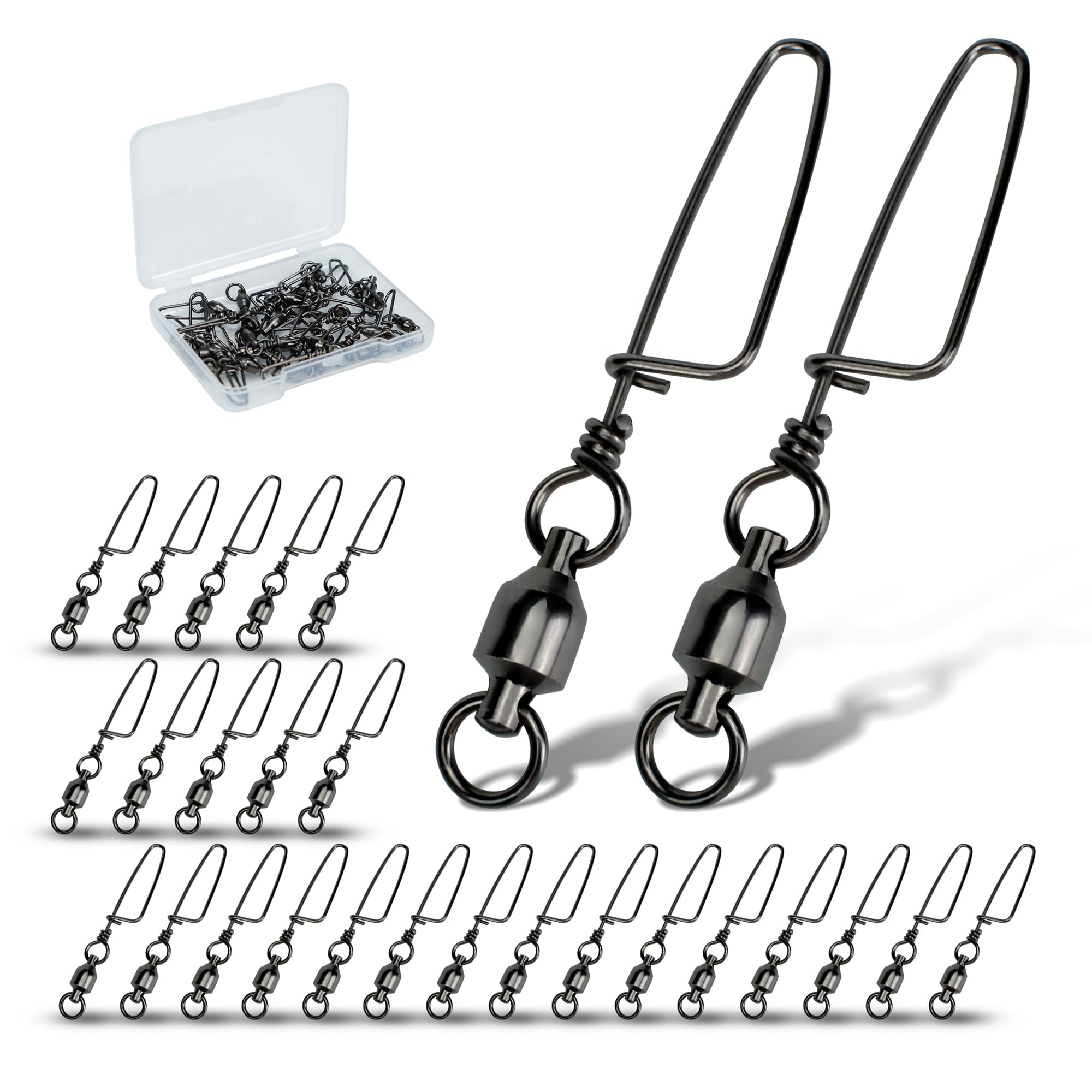 

Piscorush Ball Bearing Swivel with Piece Stainless Steel Black Nickel Snap Welded Fishing Iron Arm Power Snap Rolling Fishing Tackle 20 Snap, 25/15