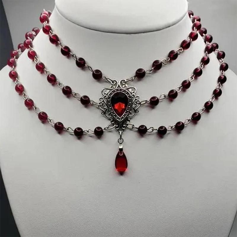 Gotický viktoriánský náhrdelník Romantický vintage krvavě červený korálkový řetízek Pro ženy Dívky Vynikající choker Šperky Doplňky Dárky