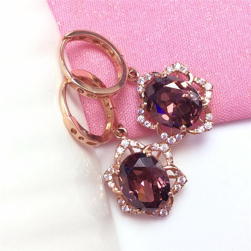 585 Purple Gold Plated 14K Rose Gold Inlaid Light Amethyst Flower Earrings for Women Classic Luxury Engagement Wedding Jewelry