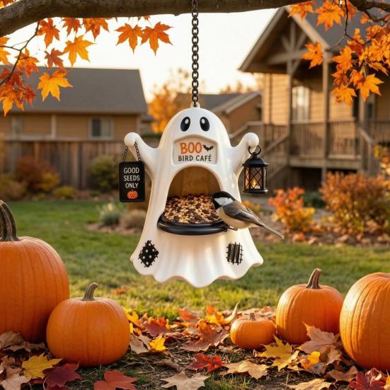 Durable Resin Bird Feeder Halloween Ghost Feeder, Outdoor Hanging Big Mouth Wild Feeding Spooky Yard Decor Station, Statue for Outside Garden Backyard