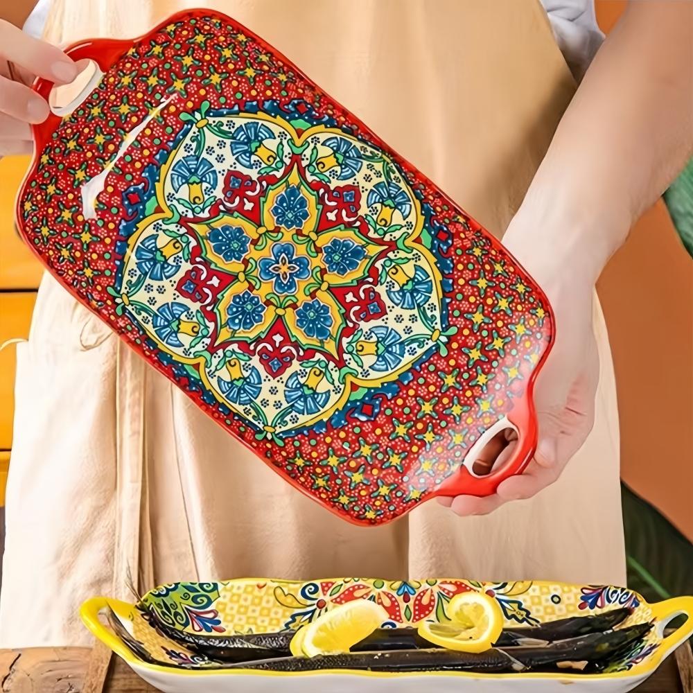 1pc Bohemian style ceramic fish dish with handle: 12.8-inch rectangular dining table tray, suitable for microwave and oven