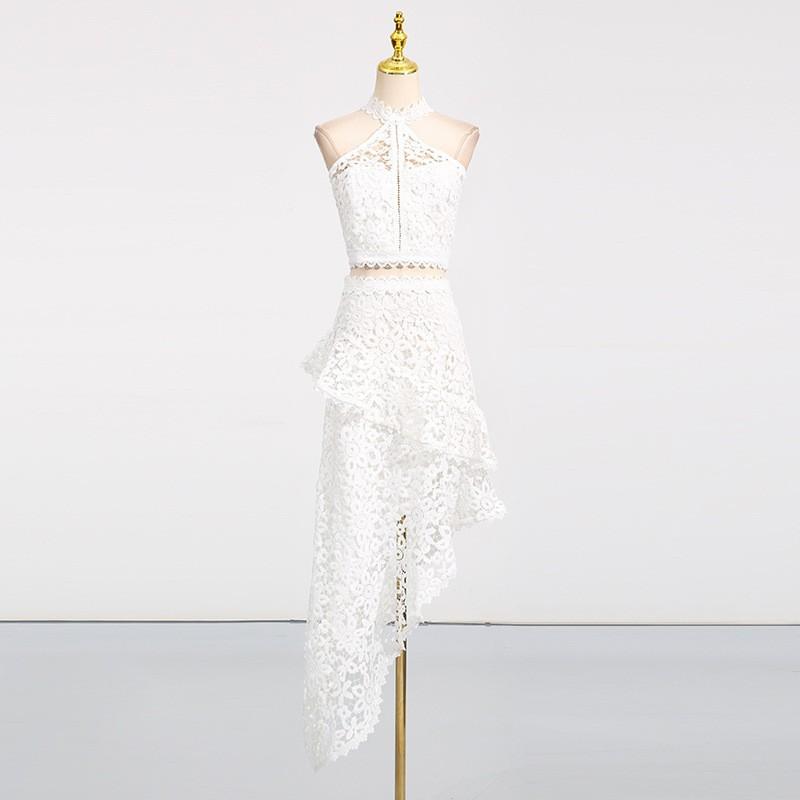 

Casual Seaside Vacation Style Two-piece Lace Sleeveless Top Irregular Skirt Set S білий