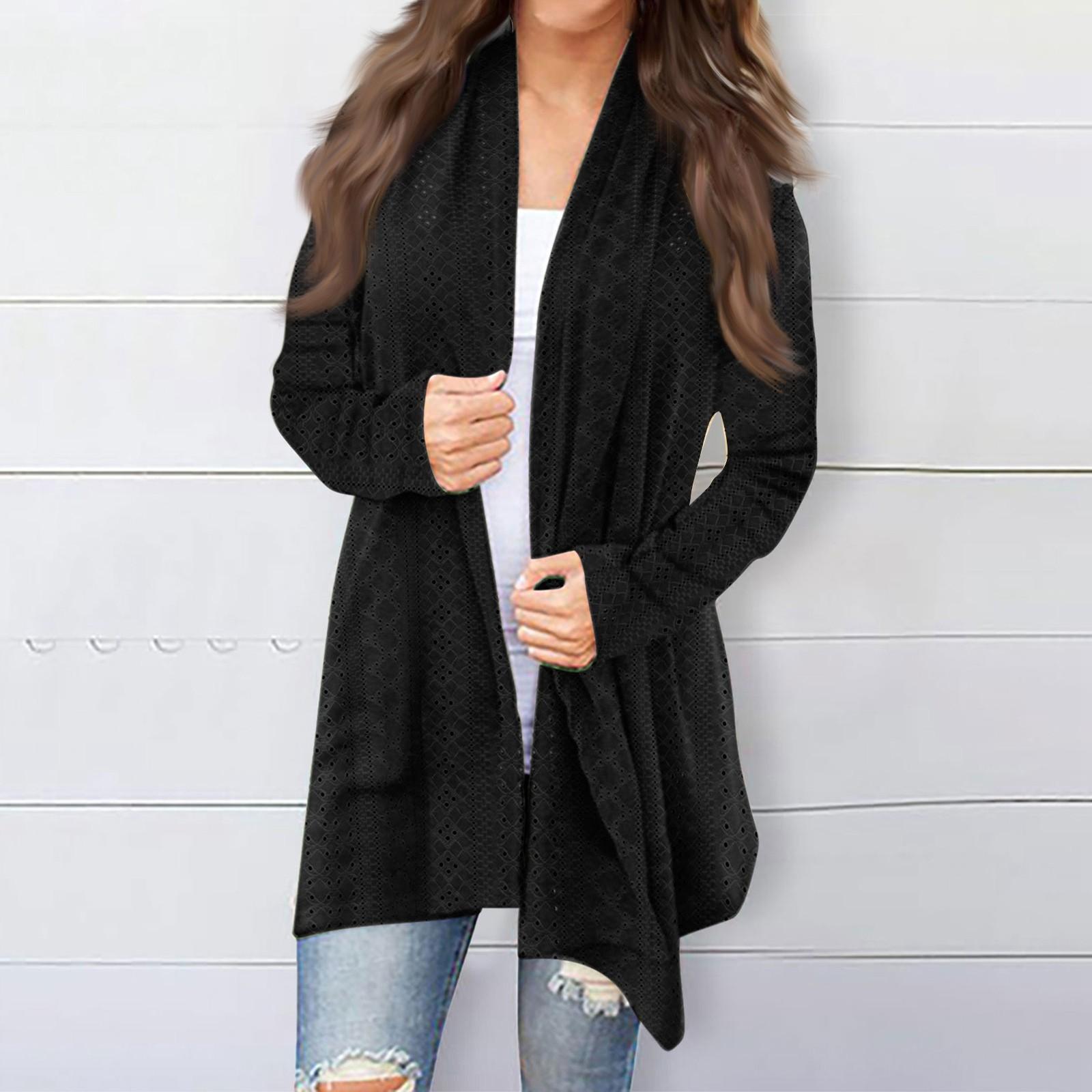 

Женская модная однотонная куртка с длинным рукавом, повседневное пальто-кардиган L чёрный