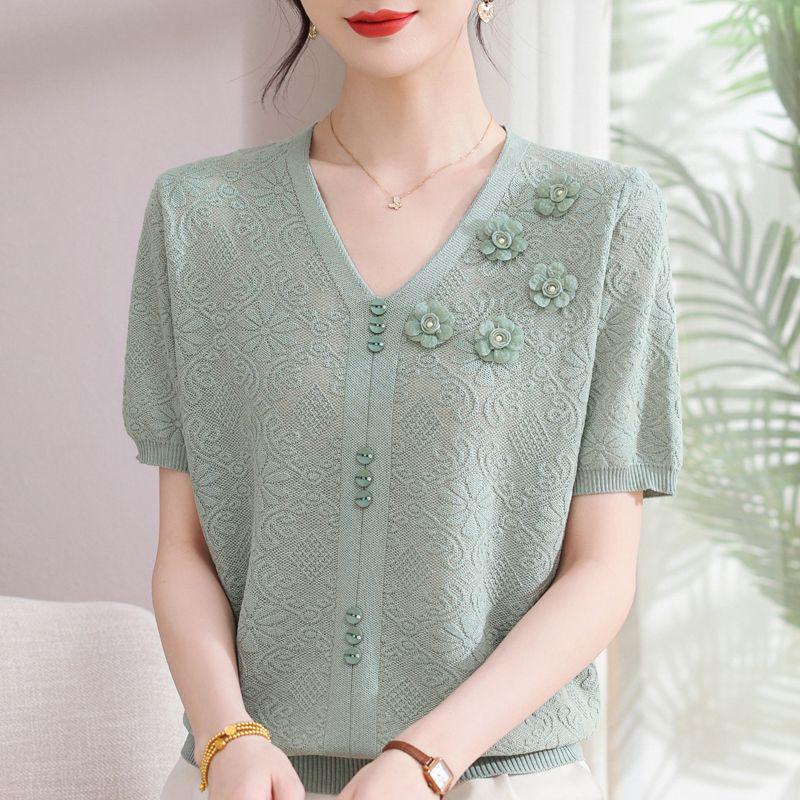 2026 Summer Ice Silk Blouse & T-Shirt Set for Moms and Seniors