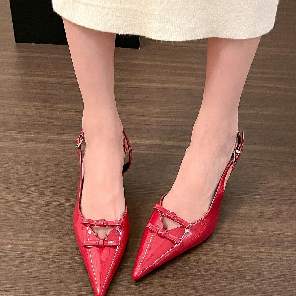 Spring, Silver Pointed Head Bow High Heels Women'S Bag Head Light Mouth Empty Word With Sandals Women