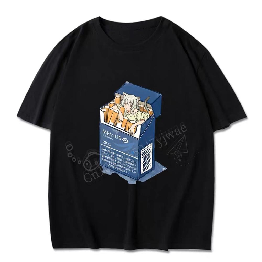 Yaniko Satou's "Cat Smoking Cigarettes" Graphic T-shirt, Short Sleeve, Casual Streetwear, for Anime Fans, Summer Beach T-shir
