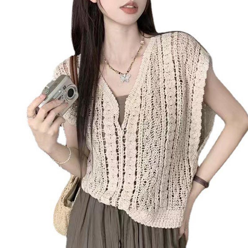 Hollow Hook Flower V-neck Vest Knitted Sweater for Women's Summer Design Short Style Sun Resistant Sleeveless Top for External Wear