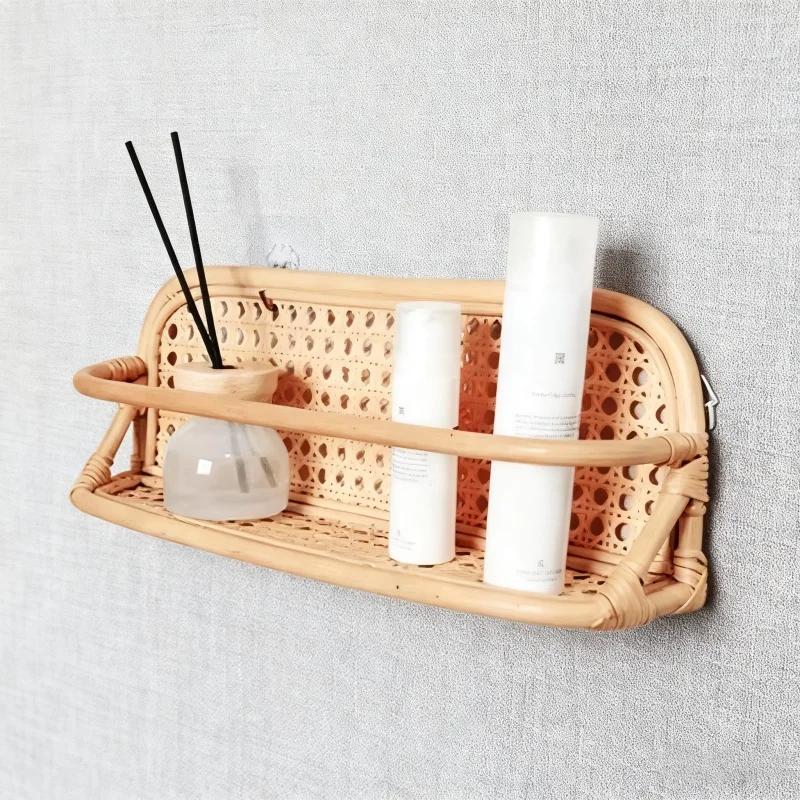 1pc Handmade Rattan Wall Mount Rack Minimalist Hanging Shelves Kitchen Spice Holder Essential Storage & Organization Rack Home