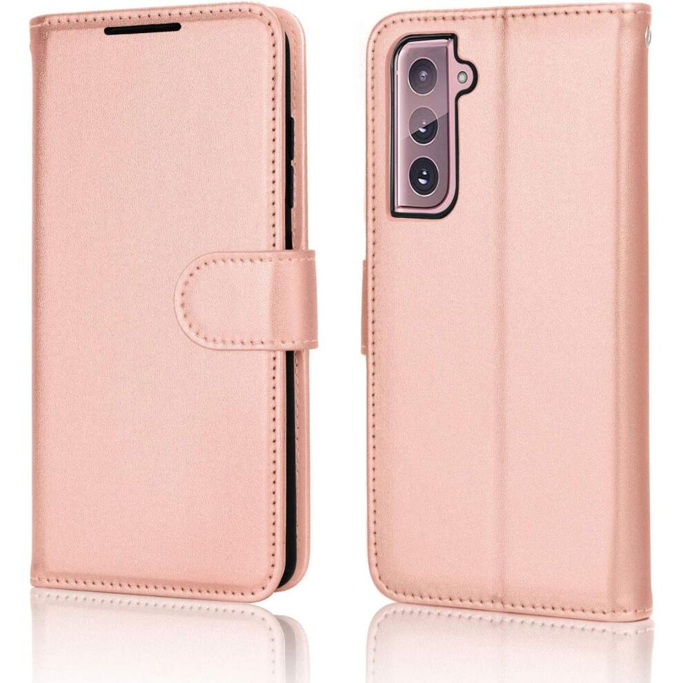 Galaxy S21 Leather Wallet Case, Flip Protective Case Cover with Wallet Card Holder, Stand and Wrist Strap - Rose Gold