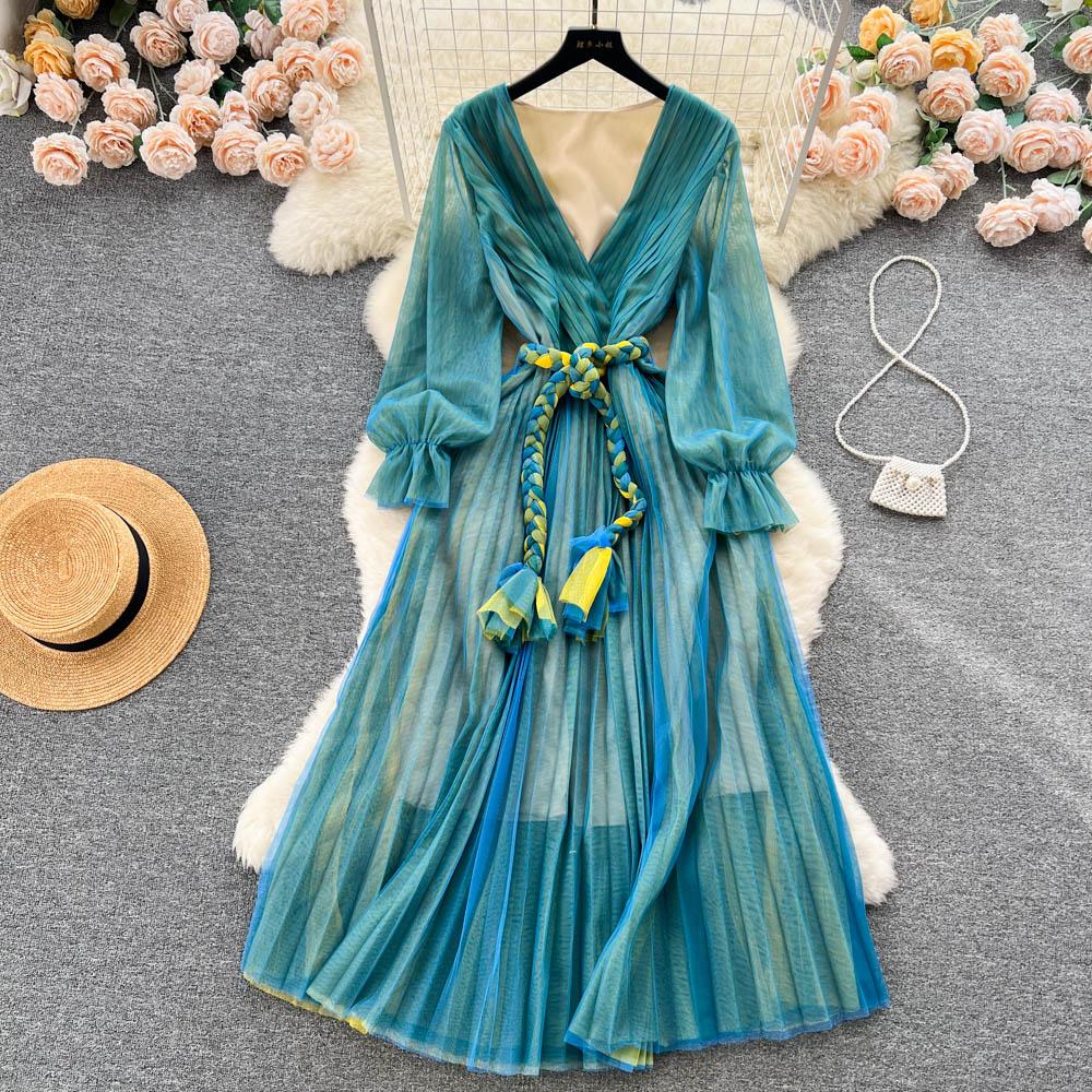 Kadın Örgü Parti Uzun Elbise V Boyun Uzun Kollu Degrade Dantel Up A Line Sundress Moda Bohe Pilili Maxi Elbise