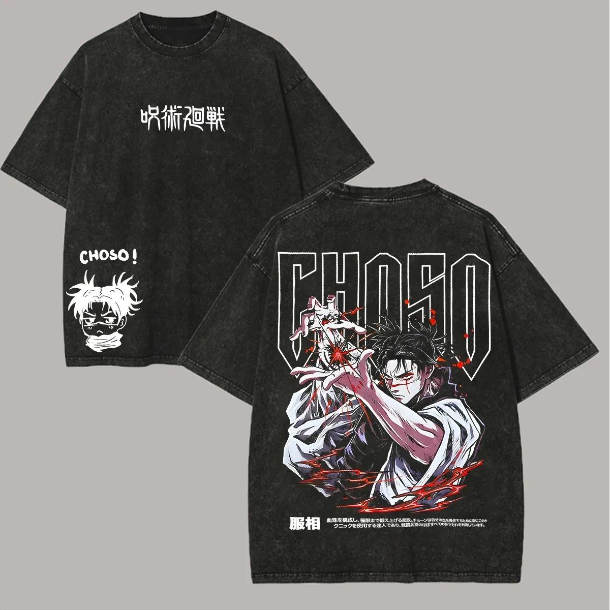 Футболка Чосо Магическая Битва Мужская Кислотная Стирка Оверсайз Манипуляция Кровью Аниме Уличная Одежда Клан Камо Винтажная Подделка L