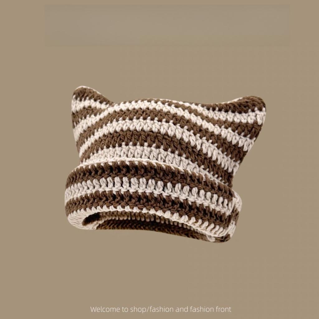 1pc Cute Cat Ears Beanie Hat For Women Winter Striped Korean Punk Gothic Y2K Wool Knitted Streetwear Handmade Crochet Bucket Cap