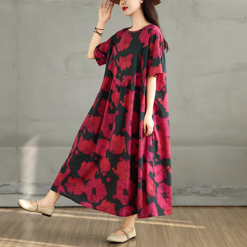 DIMANAF 2025 Übergröße Sommerkleid Damen Lässig Vintage Langes Kleid Blumendruck Lockeres Hemdkleid Maxi