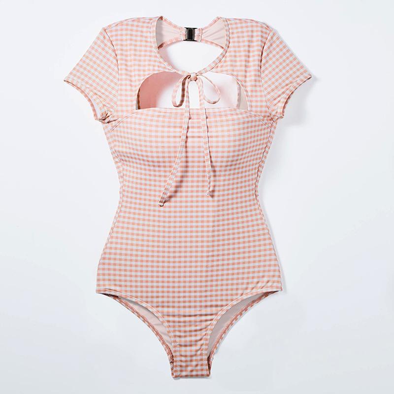 Plaid Retro Hong Kong Style Backless Tube Top One-piece Swimsuit Female Slim and Thin Temperament Resort Seaside Entity