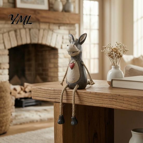 Unique Office Desk Accessories Rustic Donkey Shelf Sitter Figurine, Hanging Leg Farm Animal Statue, Artistic Home Accents Whimsical Country