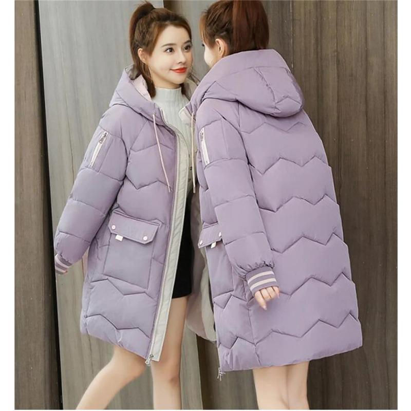 Damen Winter Mittellanger Steppmantel Kapuzenmantel Dicke Warme Jacken Kontrasttaschen Mode Parkas Lässige Lockere Daunenjacke