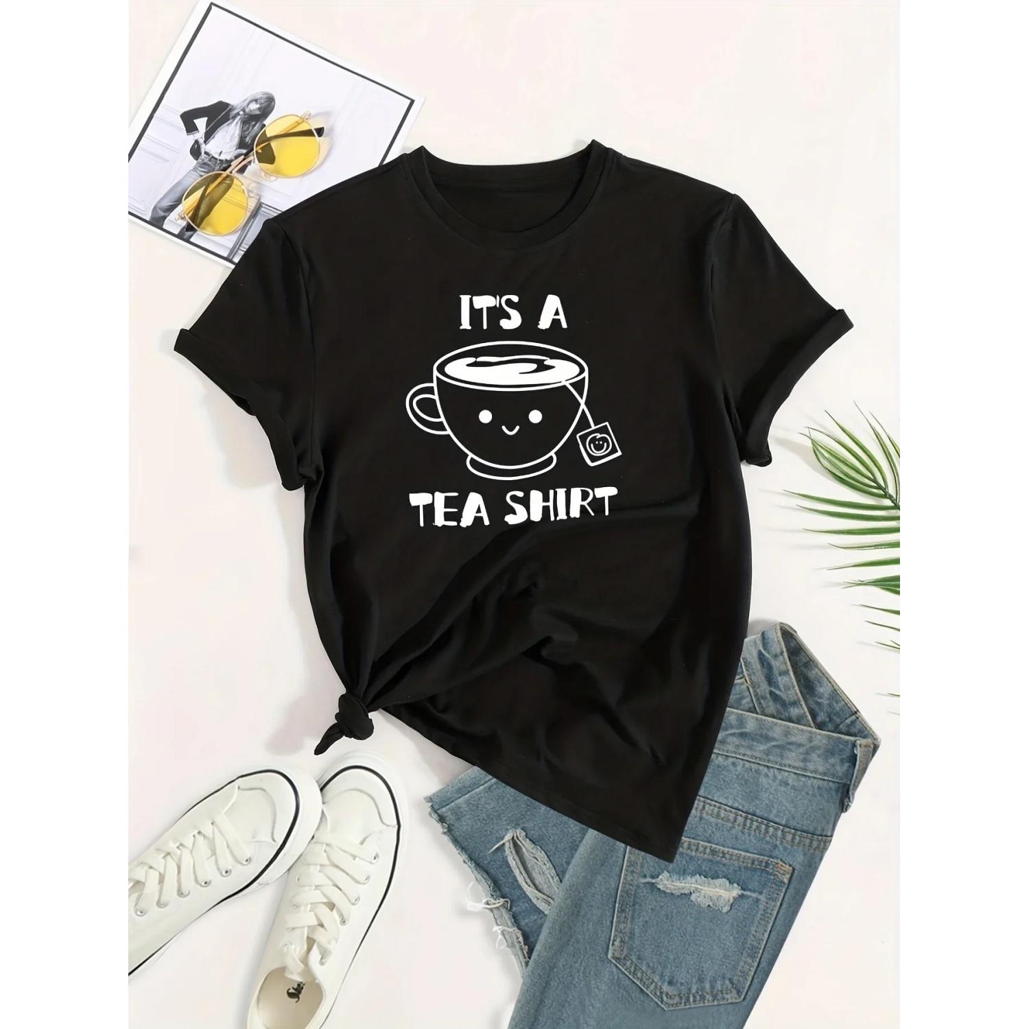 

Plus Size Casual Tee, Women s Plus Cartoon Tea & Letter Print Short Sleeve Round Neck Slight Stretch T-Shirt S чёрный