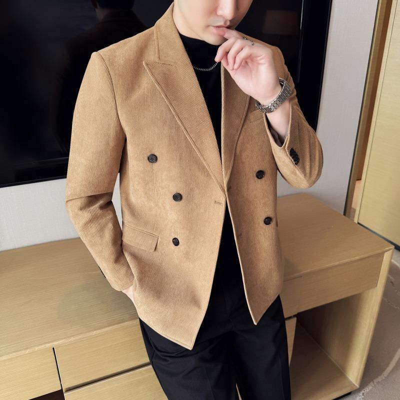 Men's Peak Lapel Blazer Corduroy Double Breasted for Wedding Formal Wear Jacket