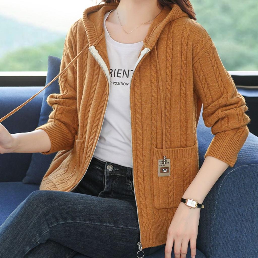 Veste Tricotée à Capuche pour Femmes Polyvalente pour l'Automne et l'Hiver Pull Ample de Couleur Unie Veste Automne et Hiver Cardigan Pull pour Femmes