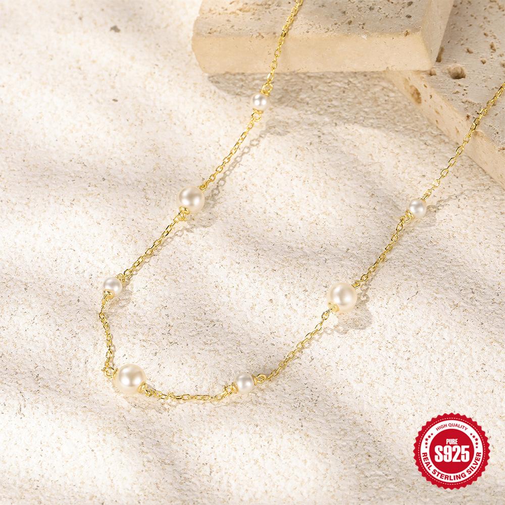 Stylish And Simple Style S925 Sterling Silver Classic Size Pearl Stacked Collarbone Necklace Women'S Wedding Gift Accessories