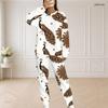 Women Plus Size Two Piece Set Round Neck Long Sleeve White Printed Top And Long Pants