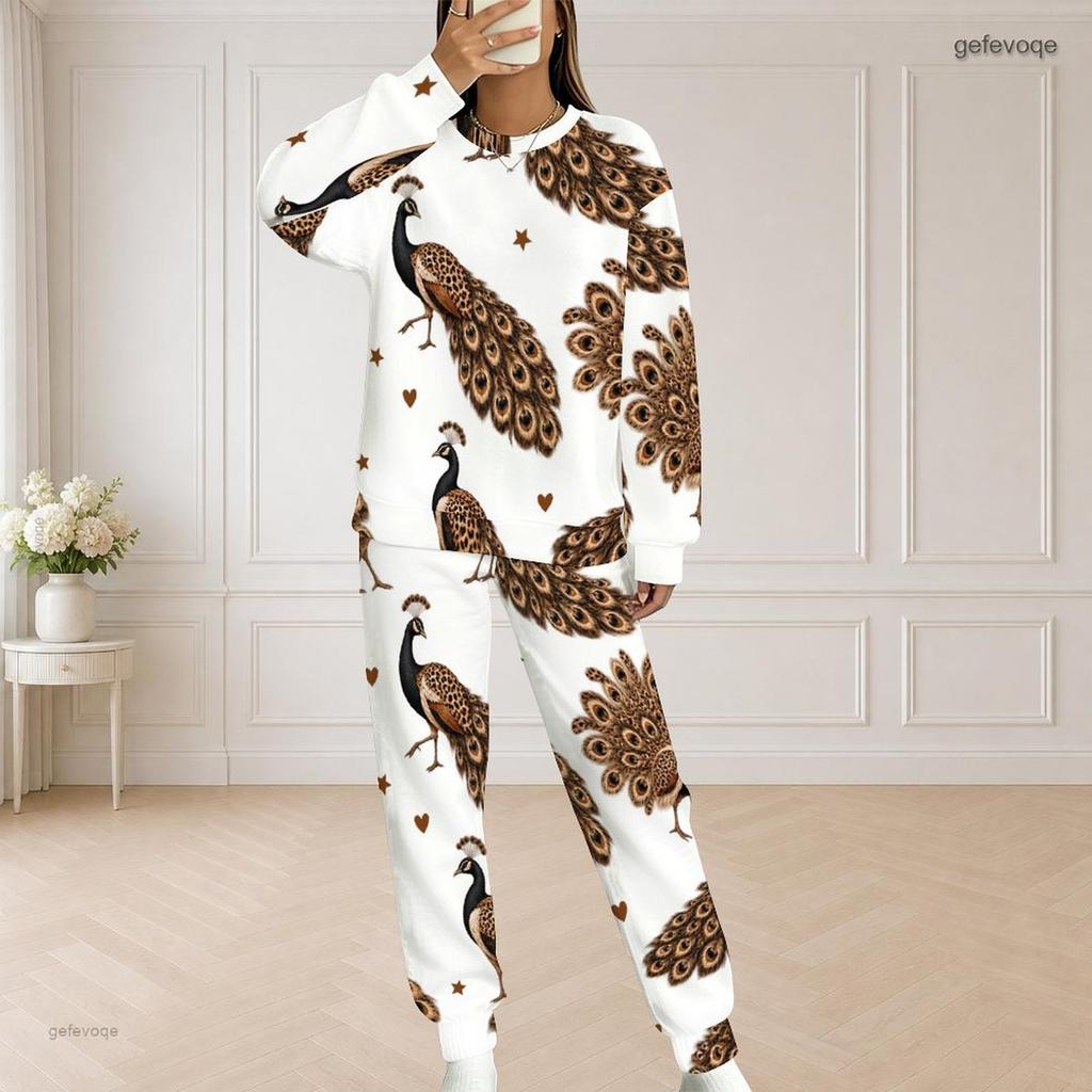 Women Plus Size Two Piece Set Round Neck Long Sleeve White Printed Top And Long Pants