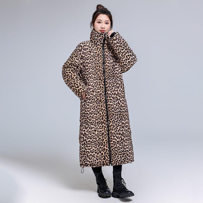 2025 Winter New Down Padded Jacket Over the Knee Padded Jacket Thickened Leopard Print Warm Padded Jacket Foreign Gas Plus Size Jacket