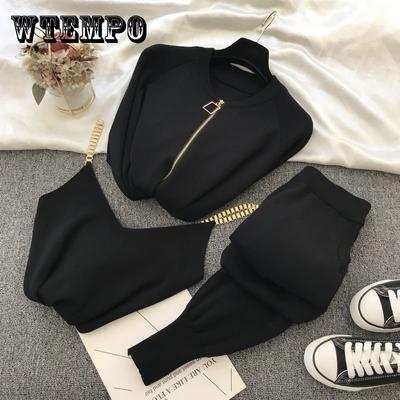 3 teile/satz Gestrickte Pullover Anzug Casual Kette Weste Gestrickte Jacke + Elastische Hosen Drei-stück Sets Frauen Outfits