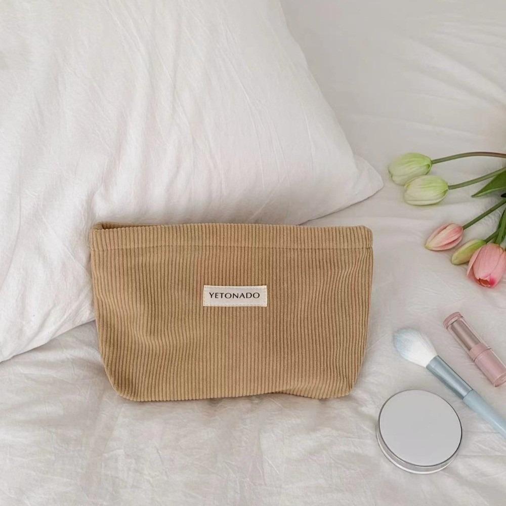 Simple Solid Color Cosmetic Bag Corduroy Multifunctional Storage Bag with Zipper Large Capacity Toiletry Bag Women
