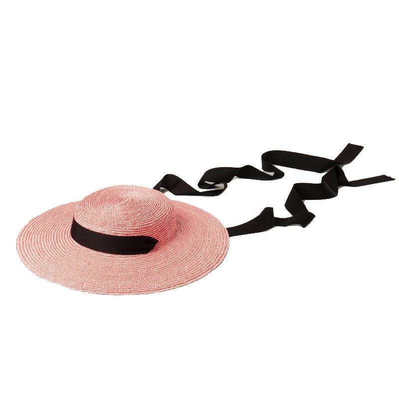 European and American spring and summer new light flat top big brim strap colored straw straw hat stage fashion show sunshade straw hat