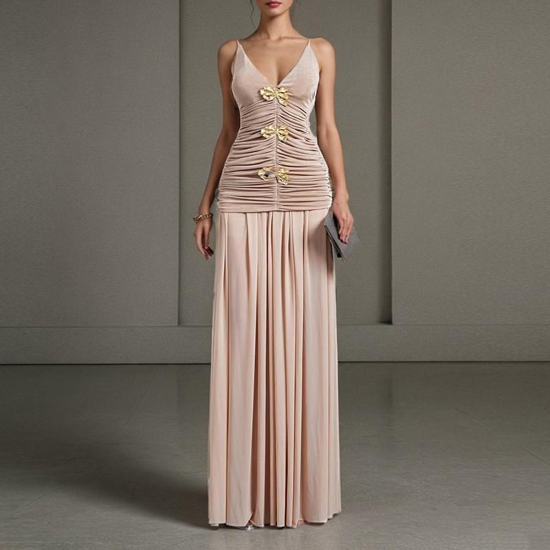 Celebrity Style Banquet Suspender Tube Top Pleated Design Champagne Skirt Dress Set Women
