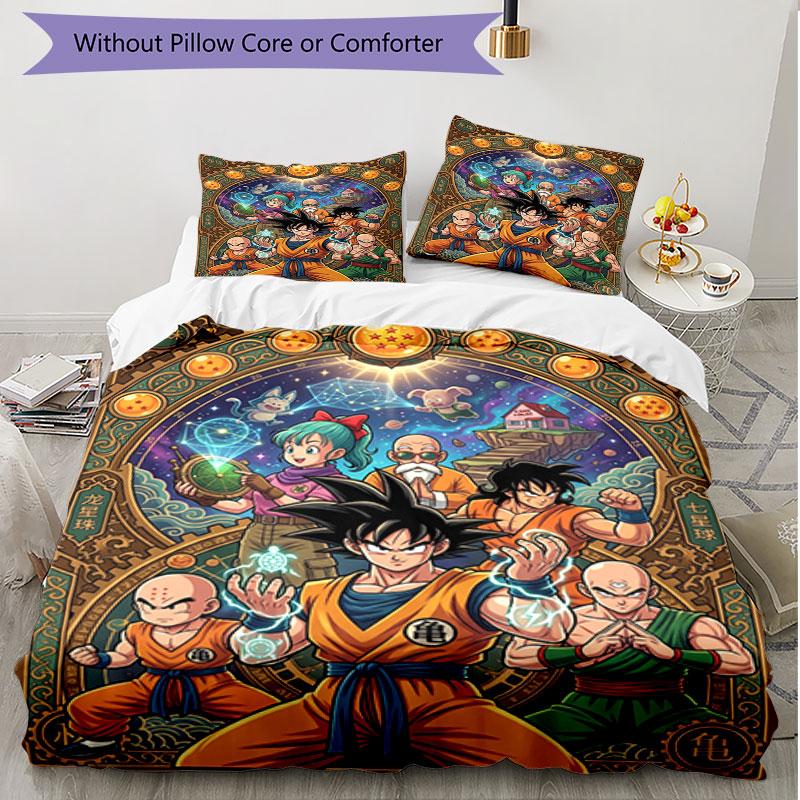 Set cuvertură de pilota 3 buc (1 * Husă de pilota + 2 * Față de pernă, Fără Miez), Set de așternut moale cu imprimeu Dragon Ball pentru toate anotimpurile, Cadou pentru decorarea dormitorului de acasă